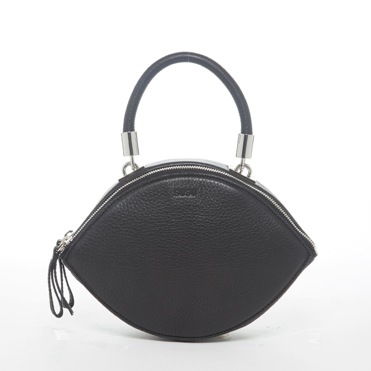 Kiss Circle Shape Leather Crossbody Bag in Black with silver hardware and teal lining, showcasing its unique circular design.