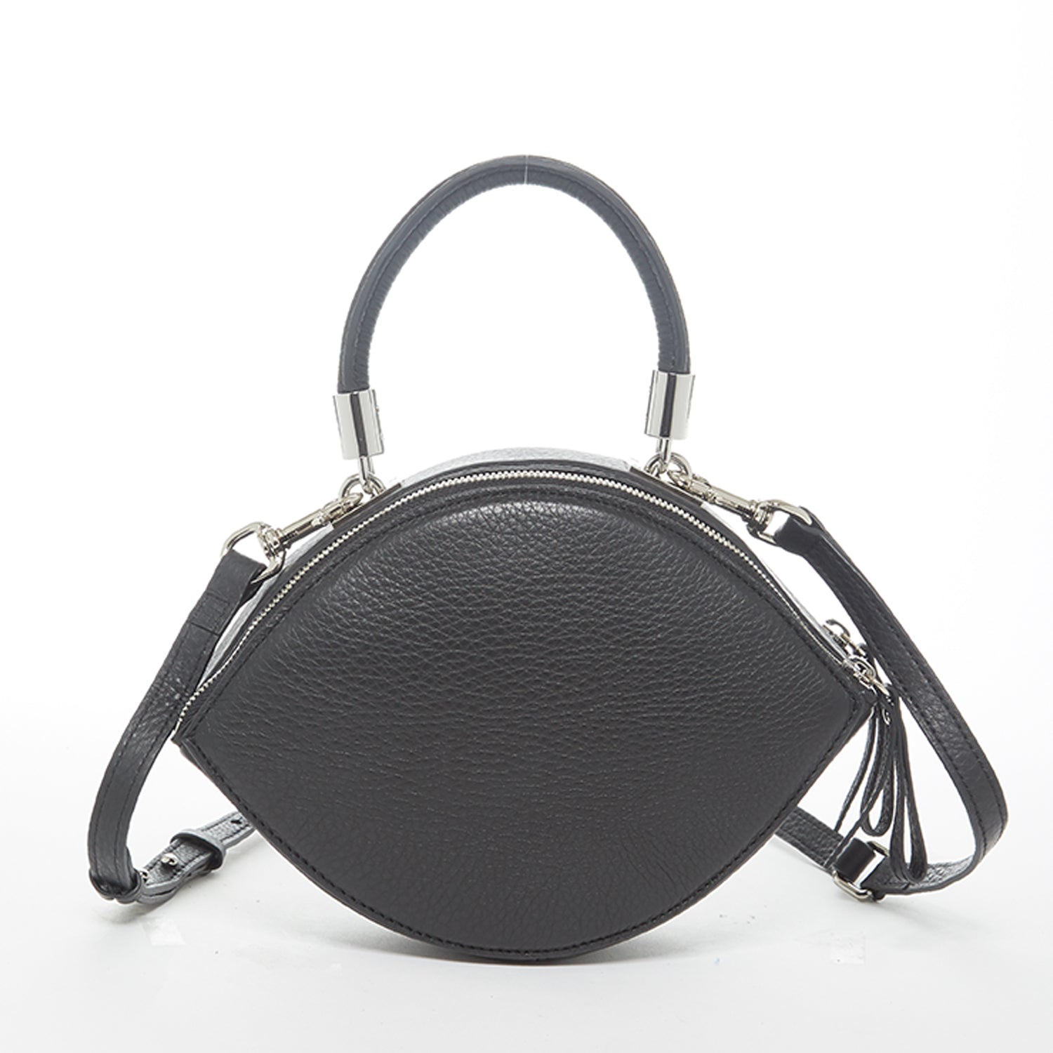 Kiss Circle Shape Leather Crossbody Bag in Black with silver hardware and teal lining, showcasing its unique circular design.