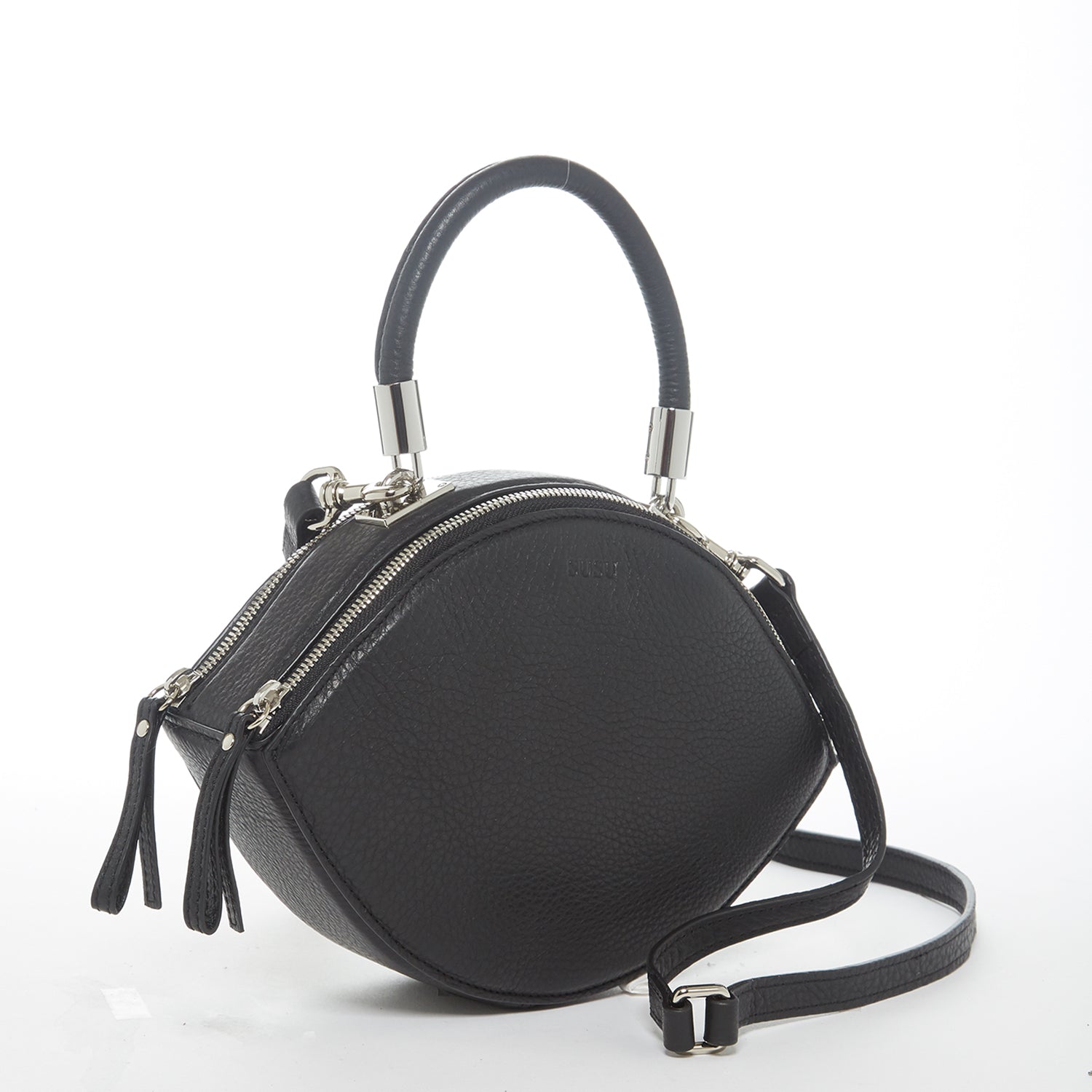 Kiss Circle Shape Leather Crossbody Bag in Black with silver hardware and teal lining, showcasing its unique circular design.