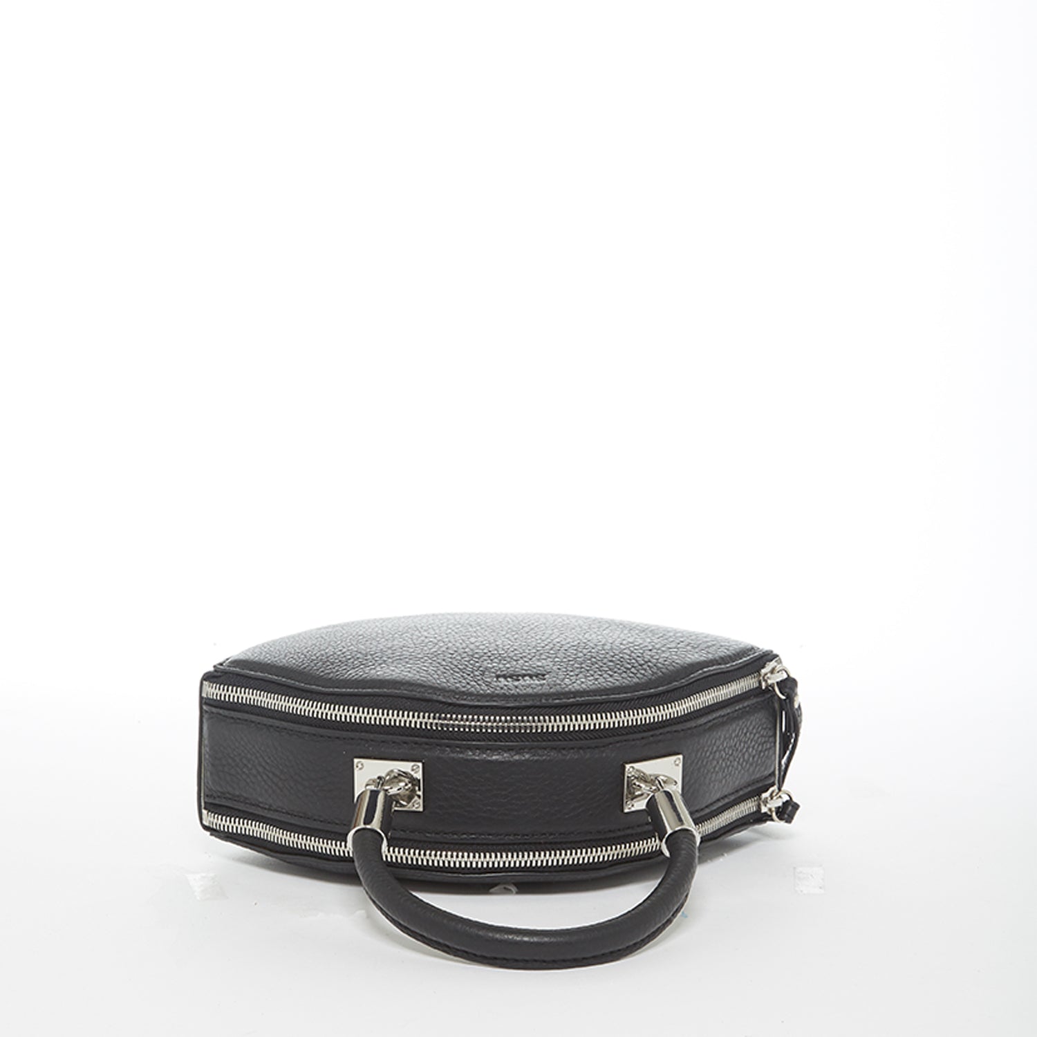 Kiss Circle Shape Leather Crossbody Bag in Black with silver hardware and teal lining, showcasing its unique circular design.