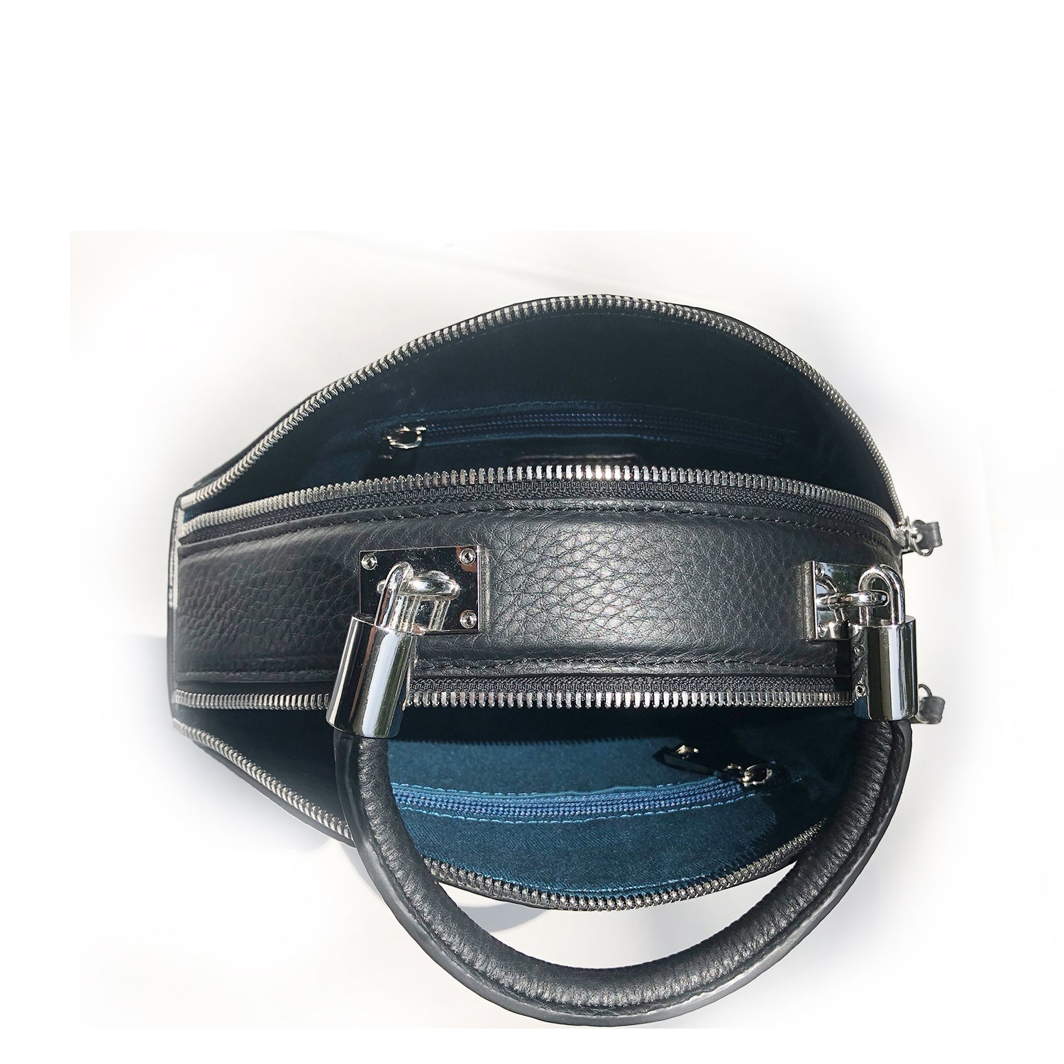 Kiss Circle Shape Leather Crossbody Bag in Black with silver hardware and teal lining, showcasing its unique circular design.