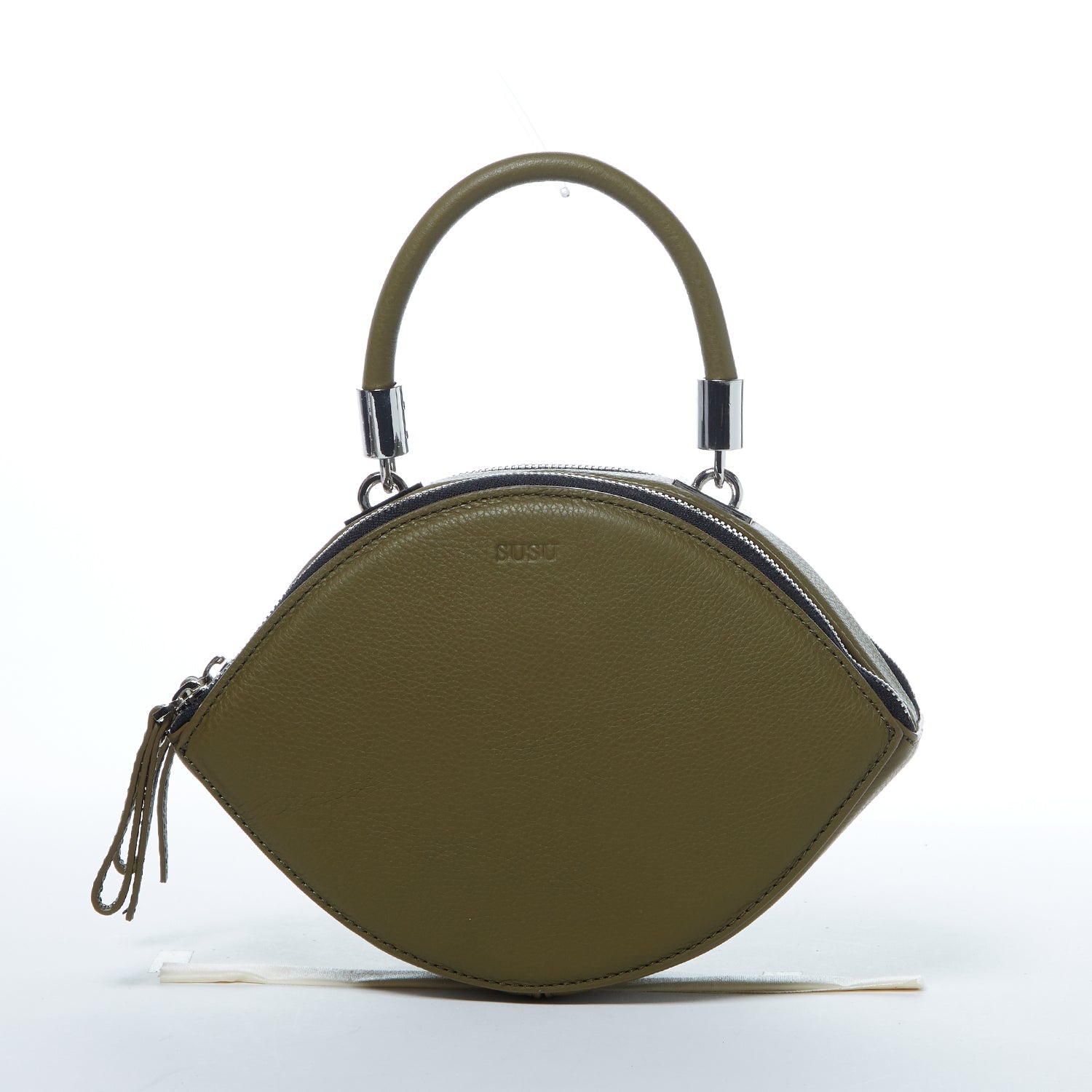 Olive green leather circle crossbody bag with silver hardware and teal lining, featuring adjustable strap and double zipper compartments.