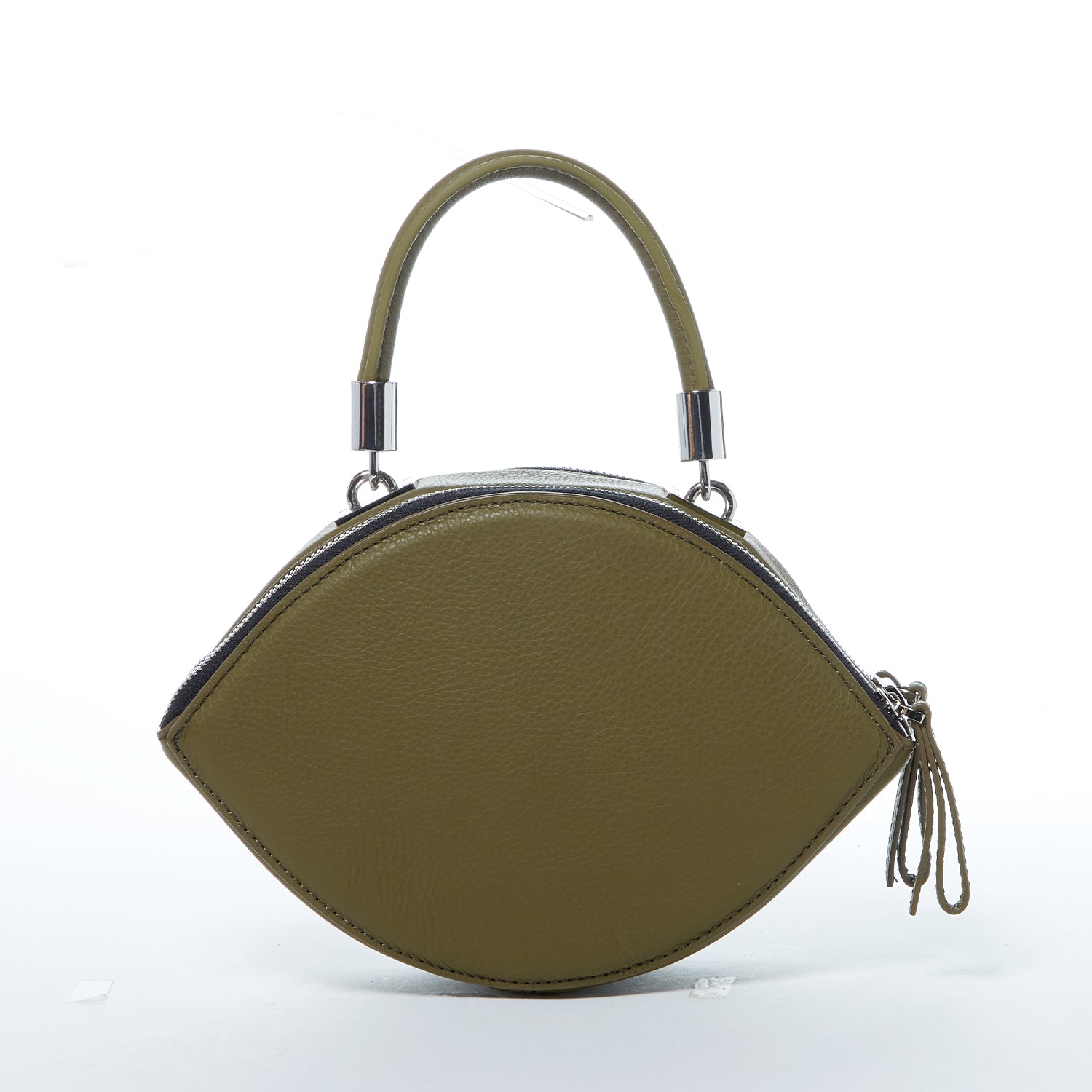 Olive green leather circle crossbody bag with silver hardware and teal lining, featuring adjustable strap and double zipper compartments.