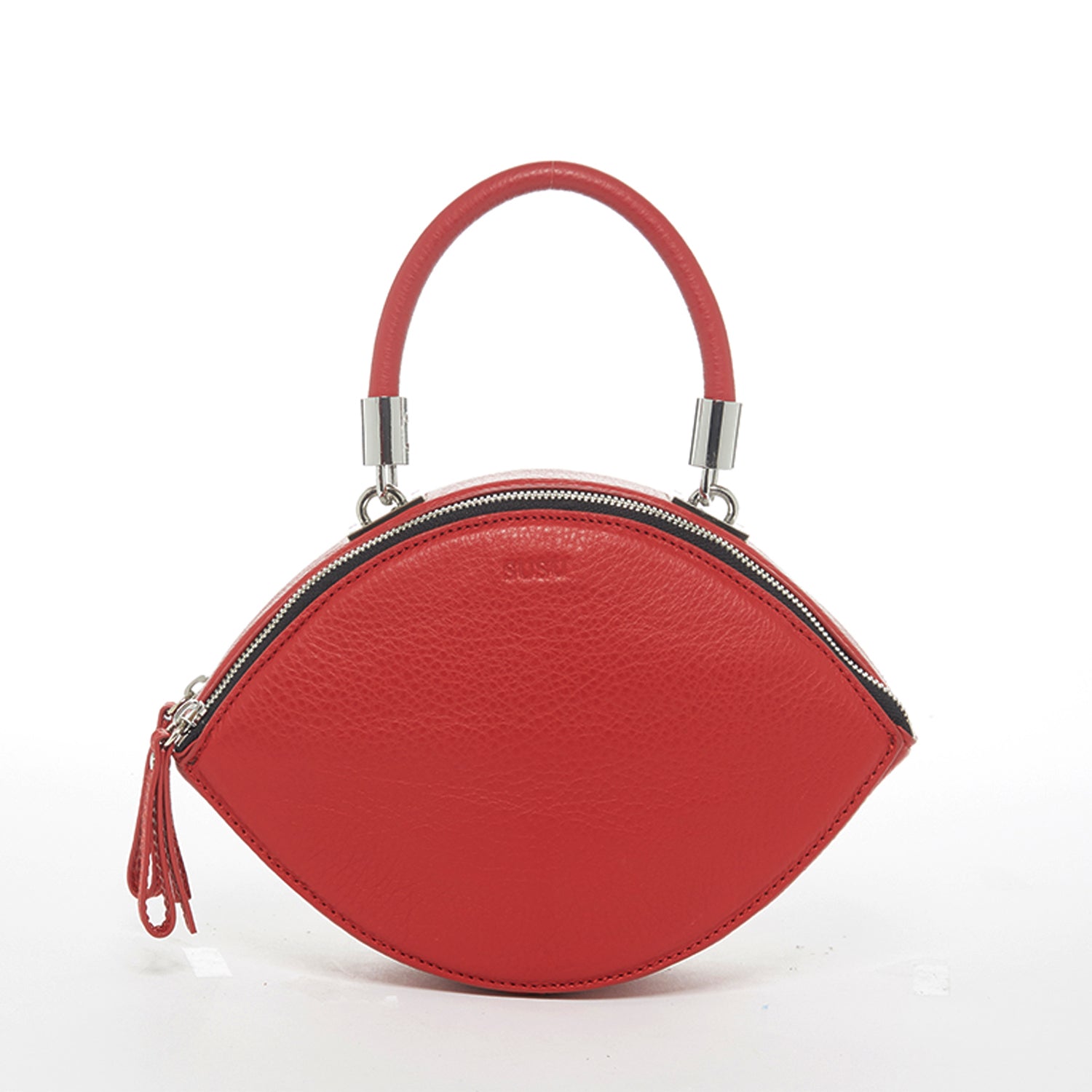 Kiss Circle Shape Leather Crossbody Bag in vibrant chili pepper red with silver hardware and teal lining.