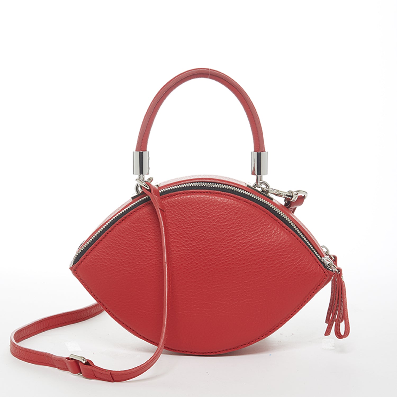 Kiss Circle Shape Leather Crossbody Bag in vibrant chili pepper red with silver hardware and teal lining.