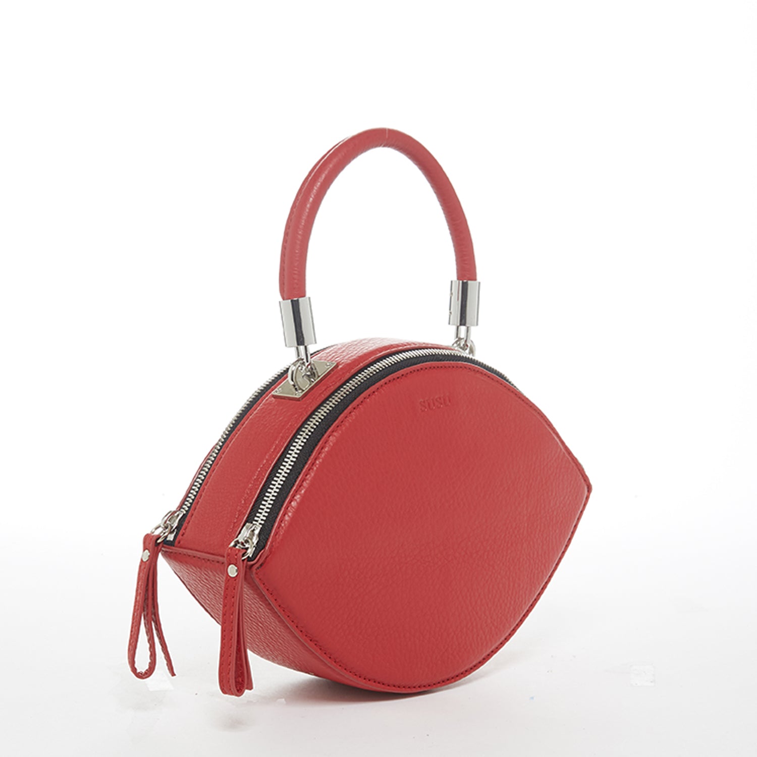 Kiss Circle Shape Leather Crossbody Bag in vibrant chili pepper red with silver hardware and teal lining.