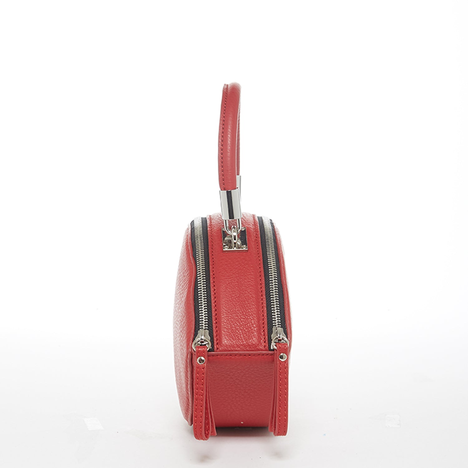 Kiss Circle Shape Leather Crossbody Bag in vibrant chili pepper red with silver hardware and teal lining.