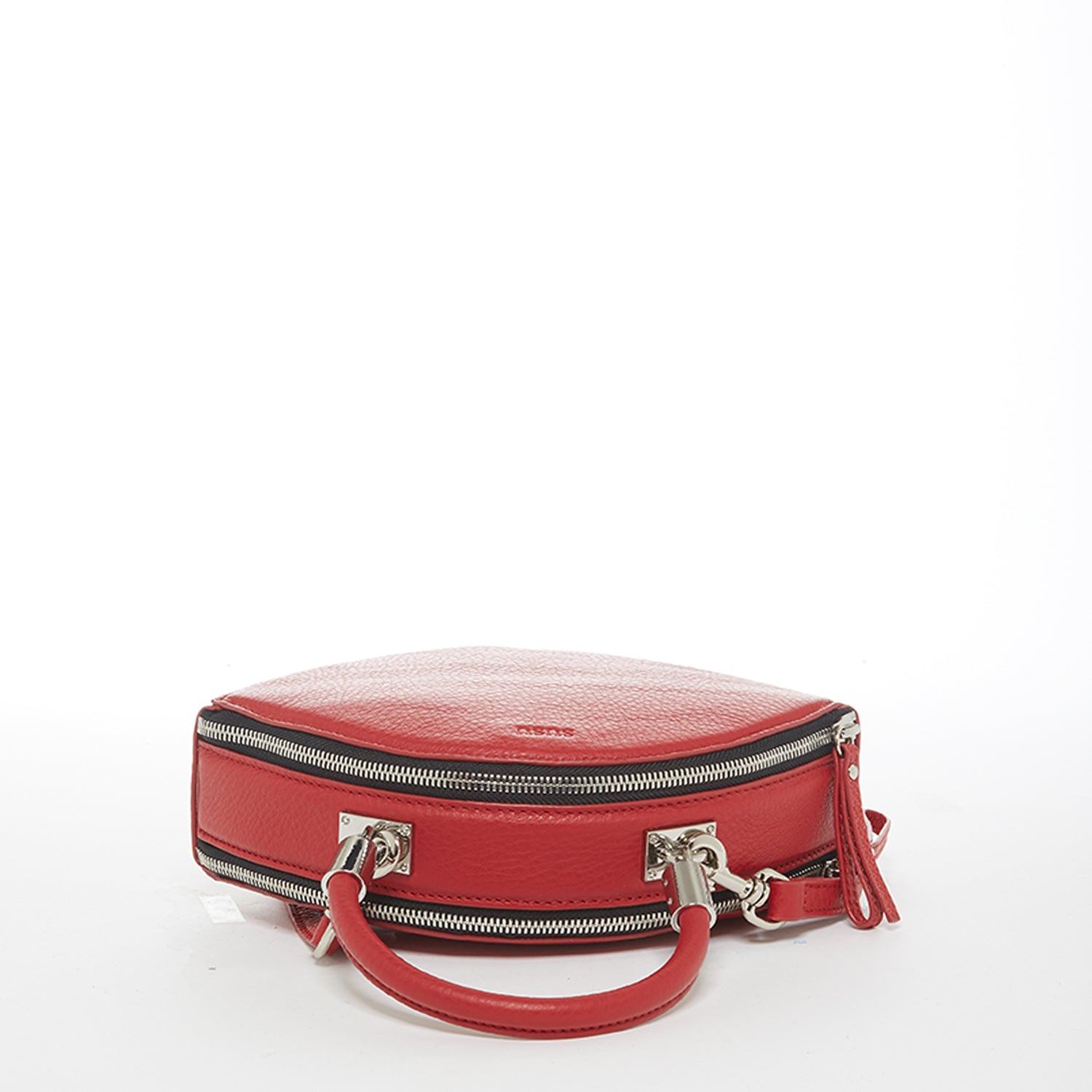 Kiss Circle Shape Leather Crossbody Bag in vibrant chili pepper red with silver hardware and teal lining.