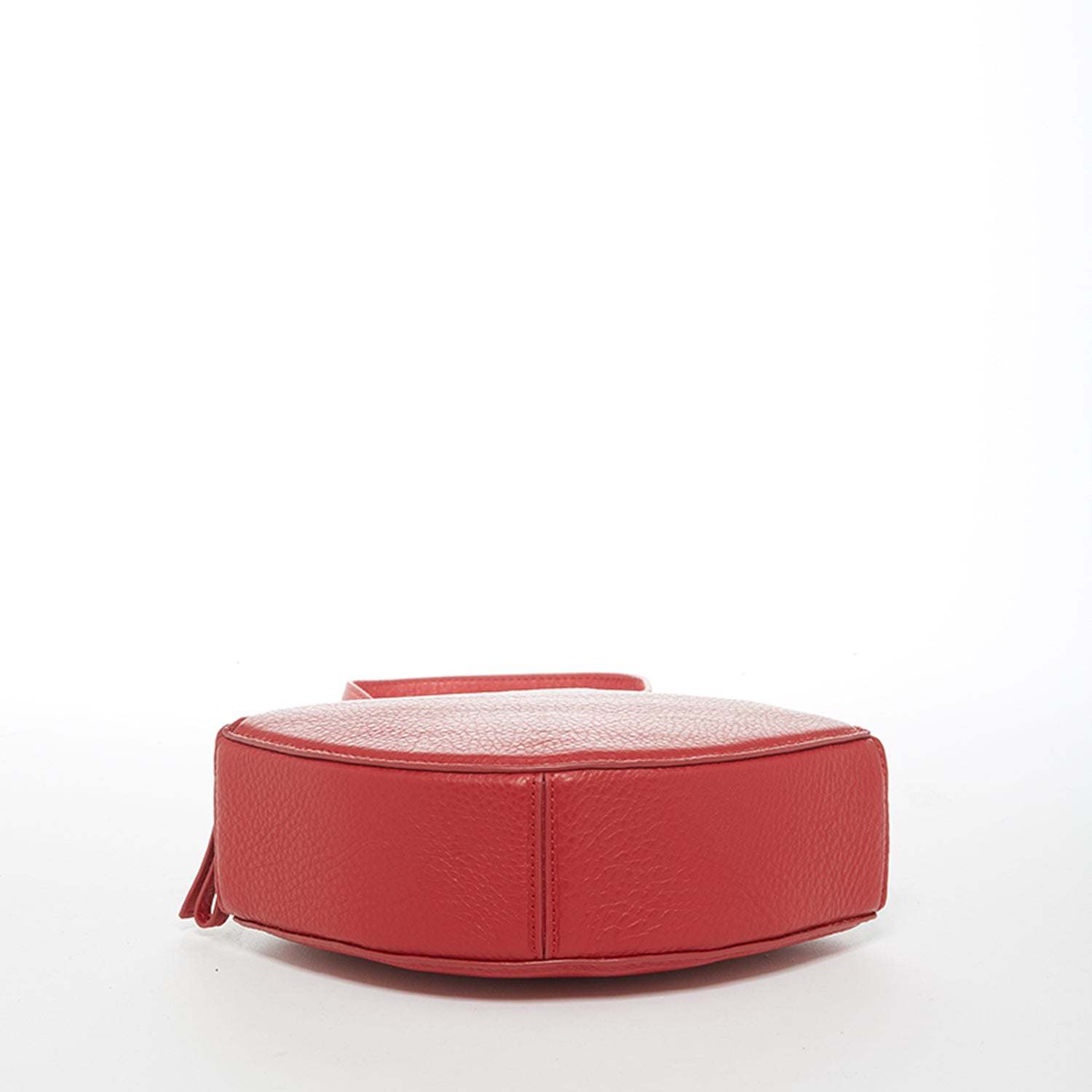 Kiss Circle Shape Leather Crossbody Bag in vibrant chili pepper red with silver hardware and teal lining.