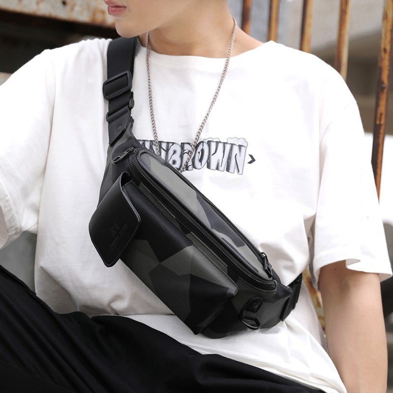 Korean Style Men's Casual Waist Bag made of durable canvas, featuring a zipper opening and a mobile phone compartment, ideal for everyday use.