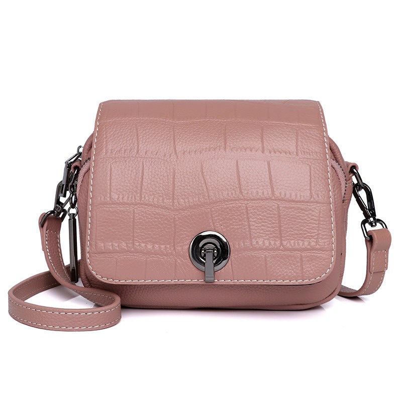 Korean Style Simple Solid Color Messenger Bag for ladies, featuring a trendy crocodile pattern and made from first layer cowhide.