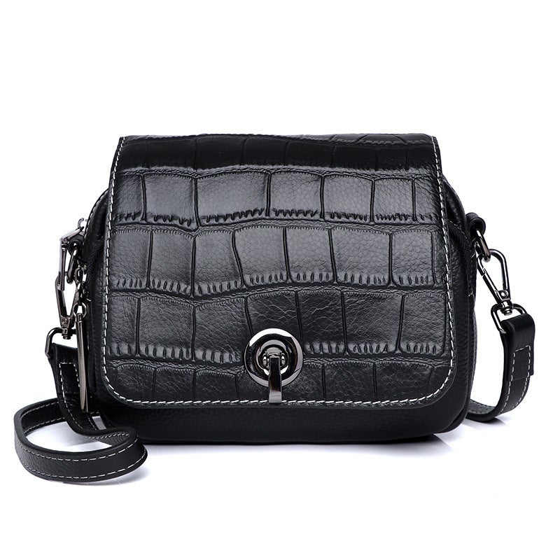 Korean Style Simple Solid Color Messenger Bag for ladies, featuring a trendy crocodile pattern and made from first layer cowhide.