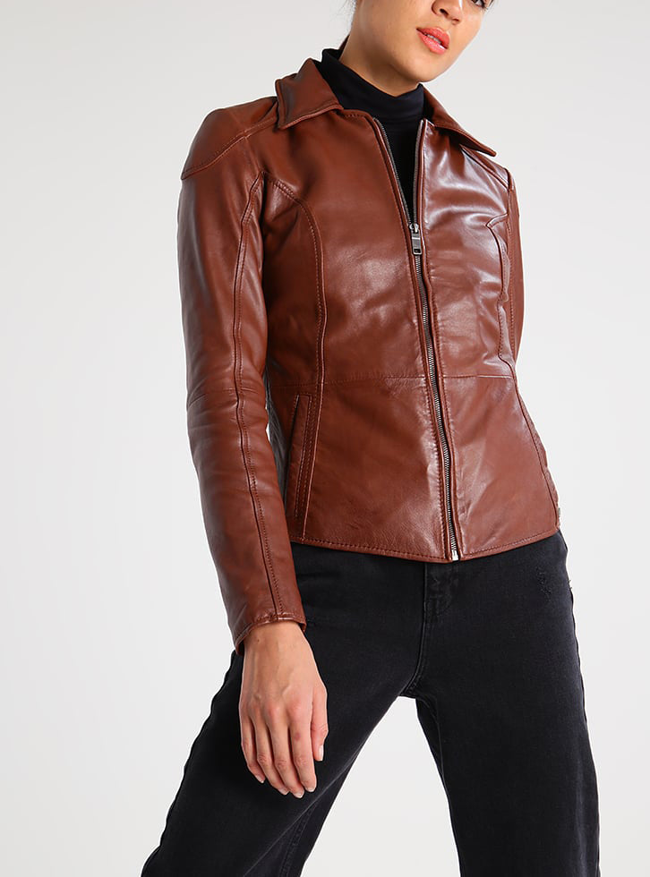 Koza Leathers Women's Real Lambskin Leather Bomber Jacket in black with satin lining and YKK zipper, featuring multiple pockets.