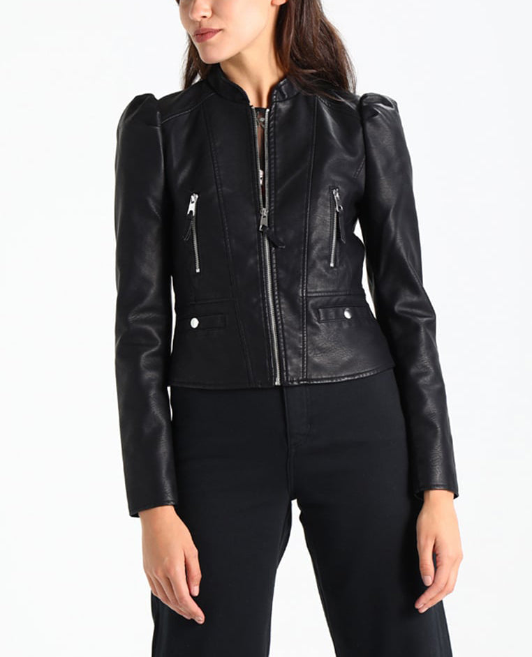 Koza Leathers Women's Real Lambskin Leather Bomber Jacket in black with satin lining and YKK zipper, showcasing its stylish design and multiple pockets.