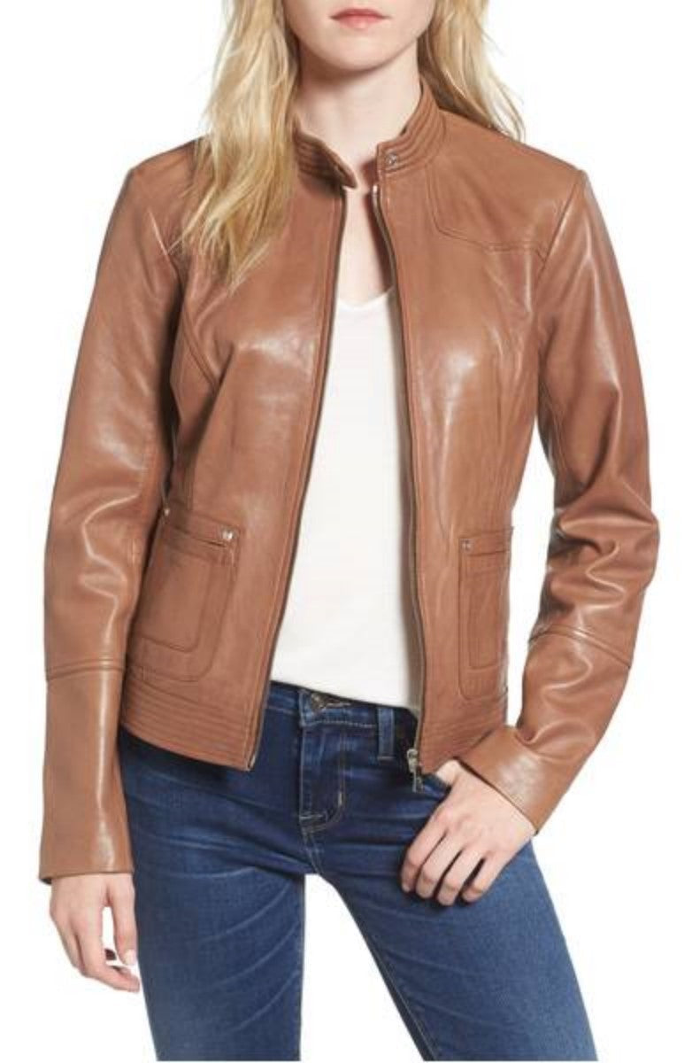 Koza Leathers Women's Real Lambskin Leather Bomber Jacket KW308 displayed on a mannequin, showcasing its sleek design and high-quality leather.