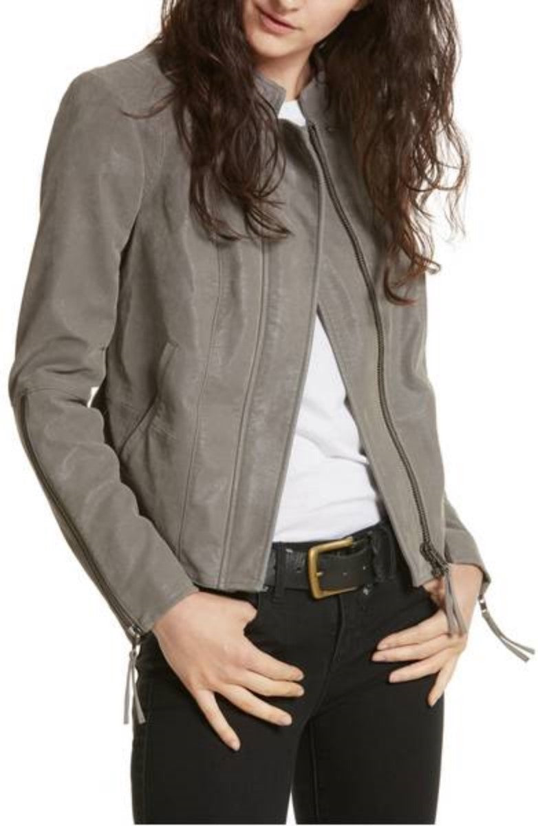 Koza Leathers Women's Real Lambskin Leather Bomber Jacket KW318, featuring a sleek design with satin lining and multiple pockets.