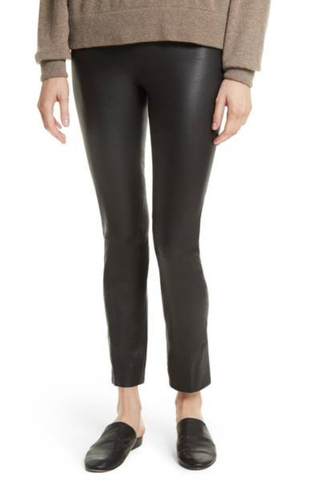 Koza Leathers Women's Real Lambskin Leather Capri Pant WP023 displayed on a mannequin, showcasing its sleek design and high-quality lambskin leather.