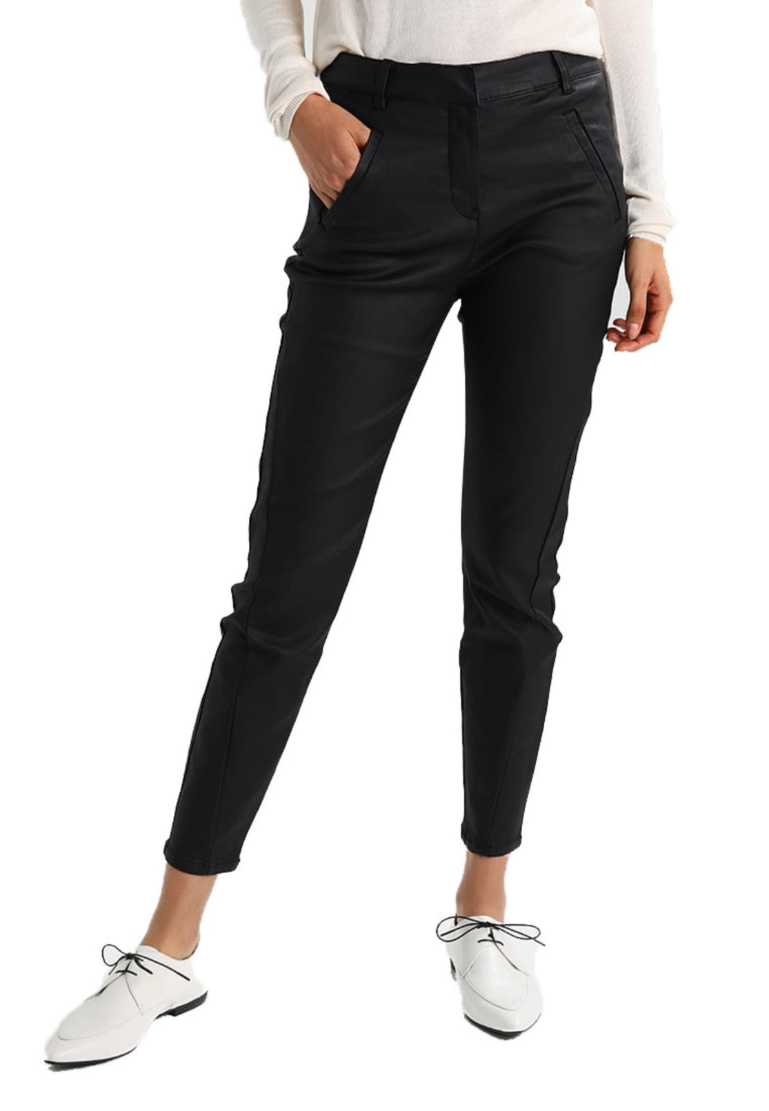 Koza Leathers Women's Real Lambskin Leather Capri Pant WP048 displayed on a mannequin, showcasing its sleek design and high-quality lambskin leather.