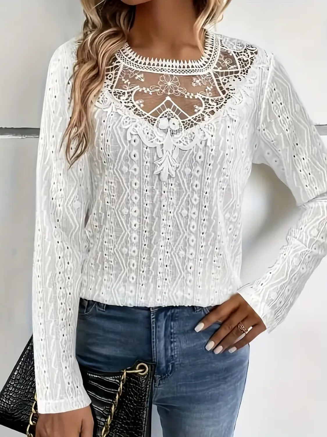 Lace Eyelet Long Sleeve Top featuring intricate lace design and cutouts, perfect for stylish outfits.