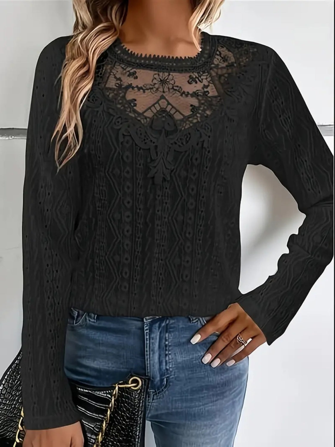 Lace Eyelet Long Sleeve Top featuring intricate lace design and cutouts, perfect for stylish outfits.