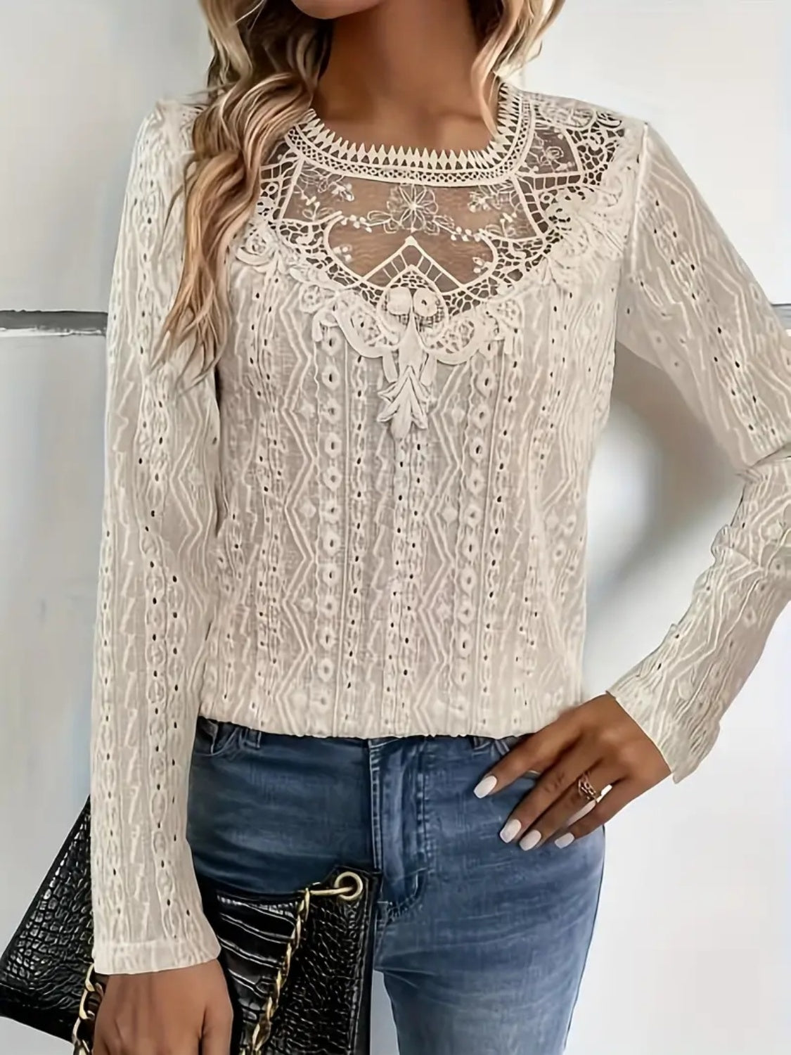 Lace Eyelet Long Sleeve Top featuring intricate lace design and cutouts, perfect for stylish outfits.