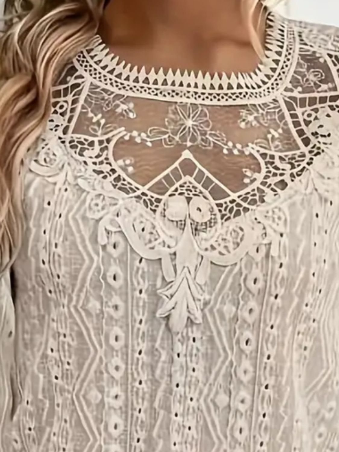 Lace Eyelet Long Sleeve Top featuring intricate lace design and cutouts, perfect for stylish outfits.