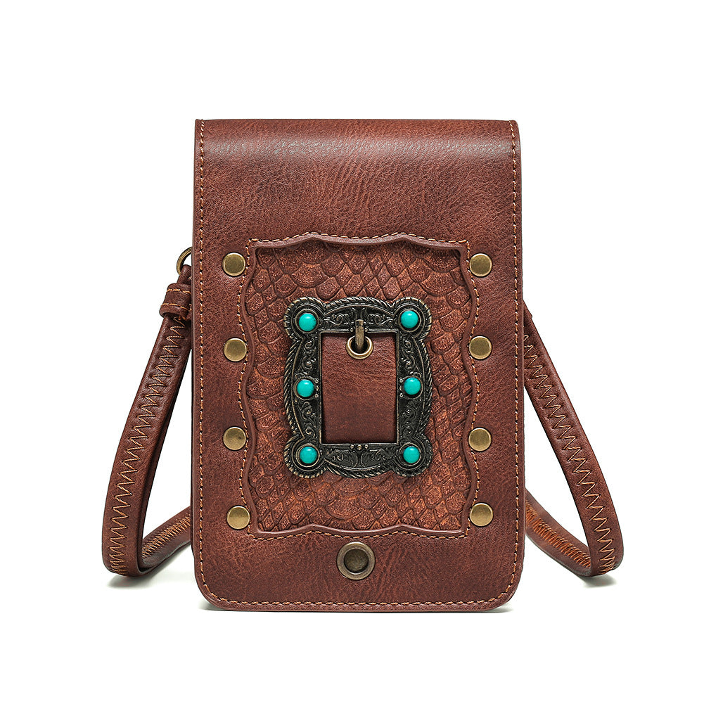 Ladies Brown One-shoulder Small Messenger Bag with embossed design and metal accents.