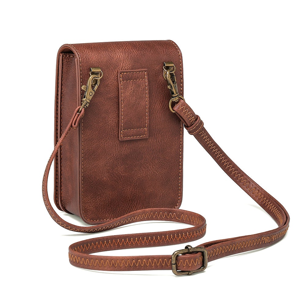 Ladies Brown One-shoulder Small Messenger Bag with embossed design and metal accents.