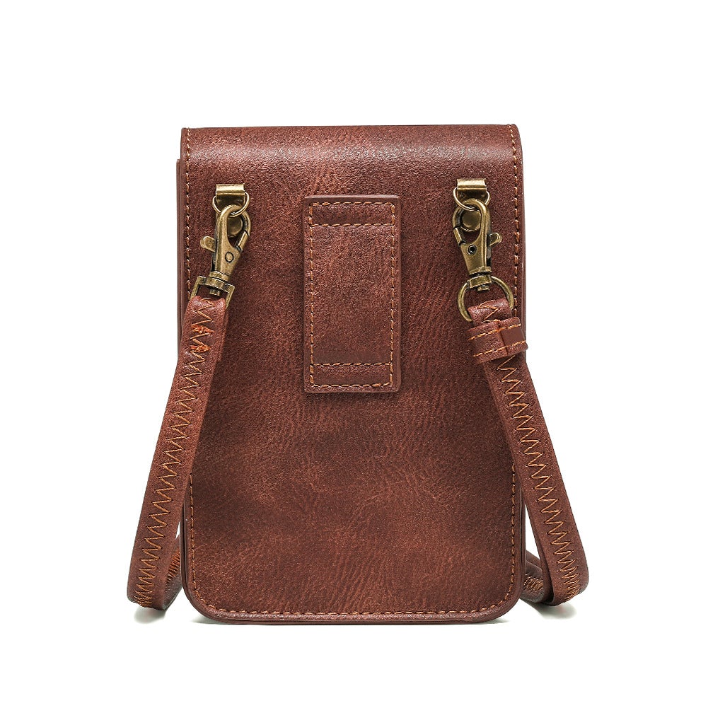 Ladies Brown One-shoulder Small Messenger Bag with embossed design and metal accents.