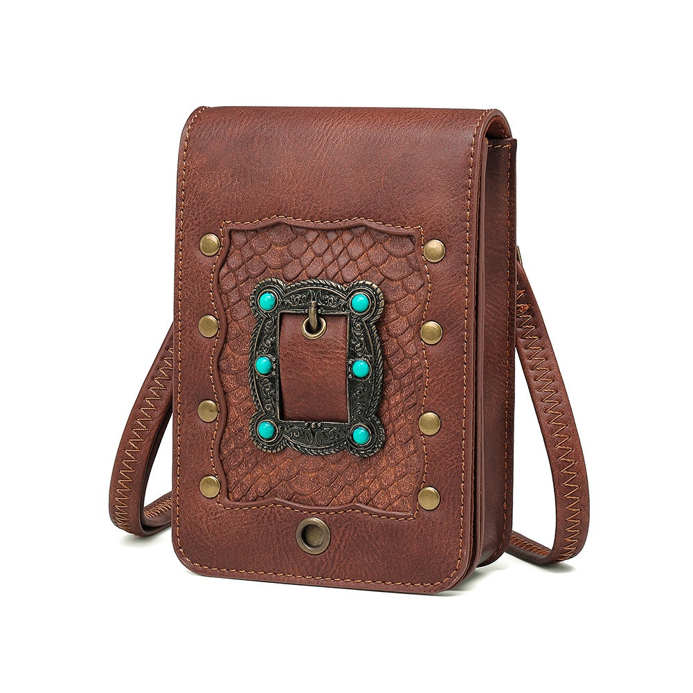 Ladies Brown One-shoulder Small Messenger Bag with embossed design and metal accents.