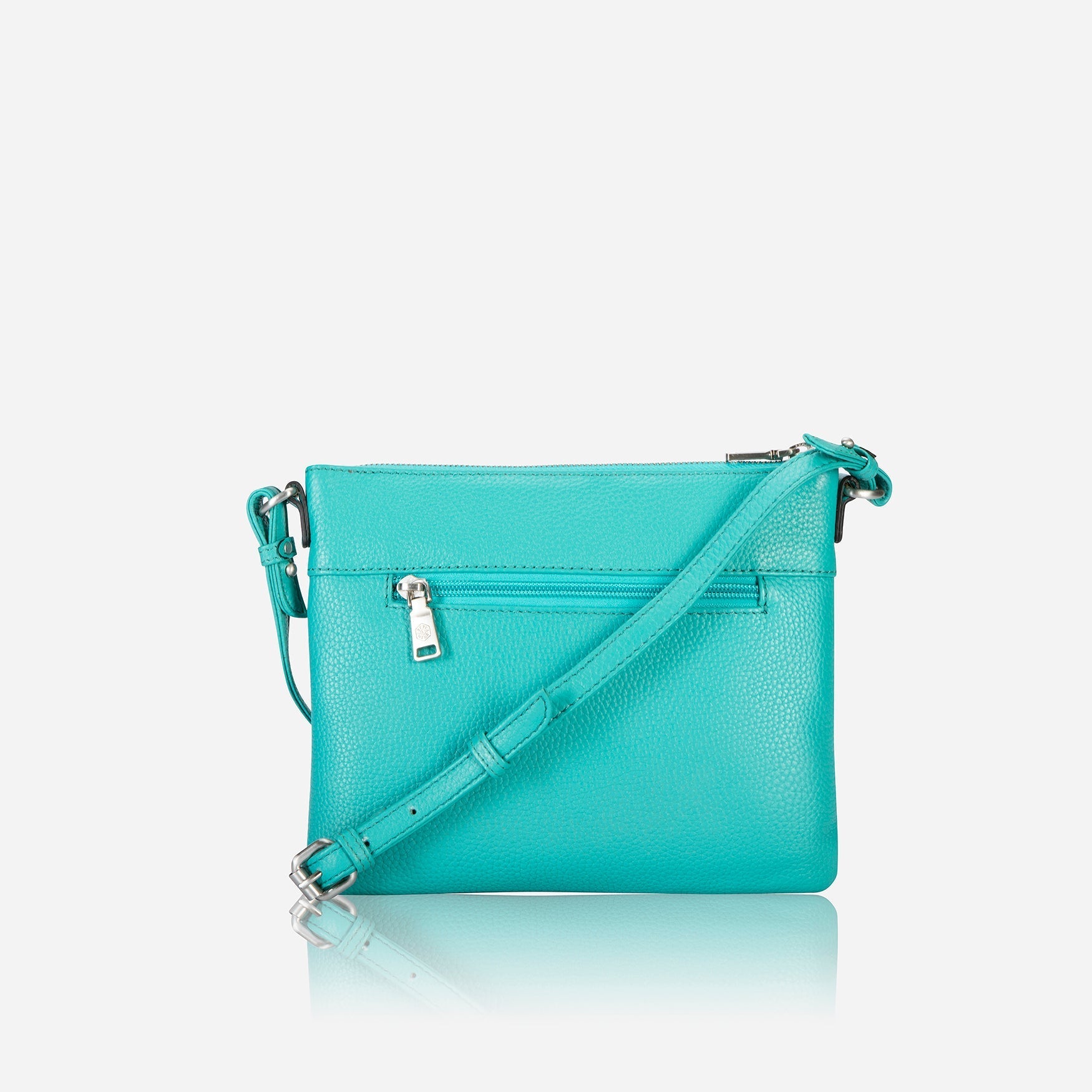 Ladies Crossbody bag in Calypso Teal with adjustable straps and RFID protection, showcasing its stylish design and spacious interior.