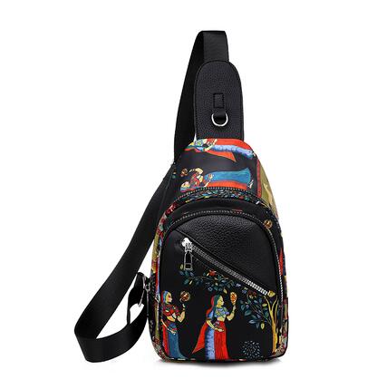 Ladies Fashionable Canvas Printed Chest Bag in stylish design with multiple pockets and adjustable strap.