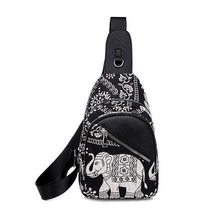 Ladies Fashionable Canvas Printed Chest Bag in stylish design with multiple pockets and adjustable strap.