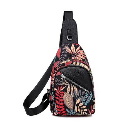 Ladies Fashionable Canvas Printed Chest Bag in stylish design with multiple pockets and adjustable strap.