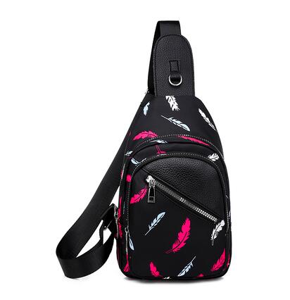 Ladies Fashionable Canvas Printed Chest Bag in stylish design with multiple pockets and adjustable strap.