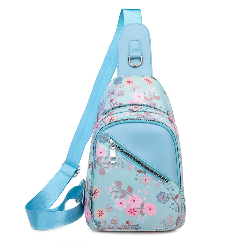 Ladies Fashionable Canvas Printed Chest Bag in stylish design with multiple pockets and adjustable strap.