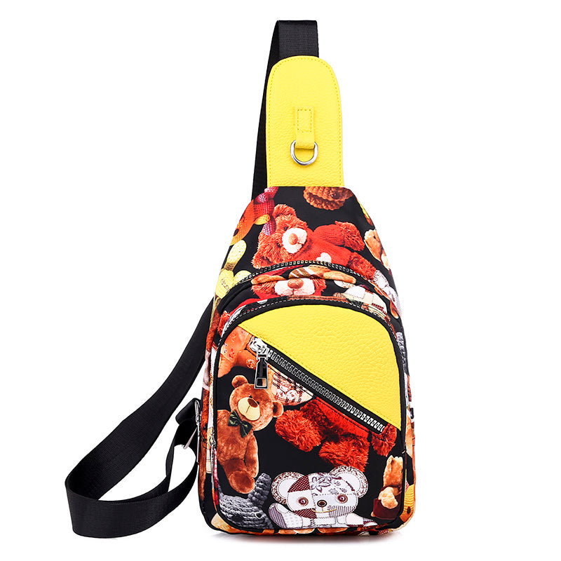 Ladies Fashionable Canvas Printed Chest Bag in stylish design with multiple pockets and adjustable strap.