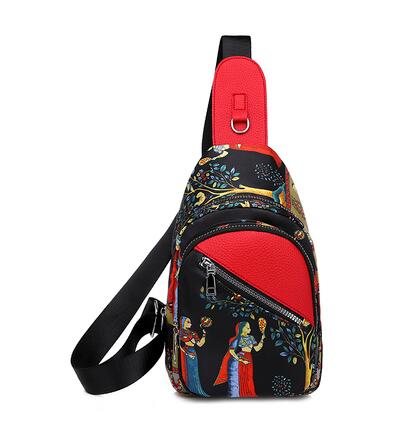 Ladies Fashionable Canvas Printed Chest Bag in stylish design with multiple pockets and adjustable strap.