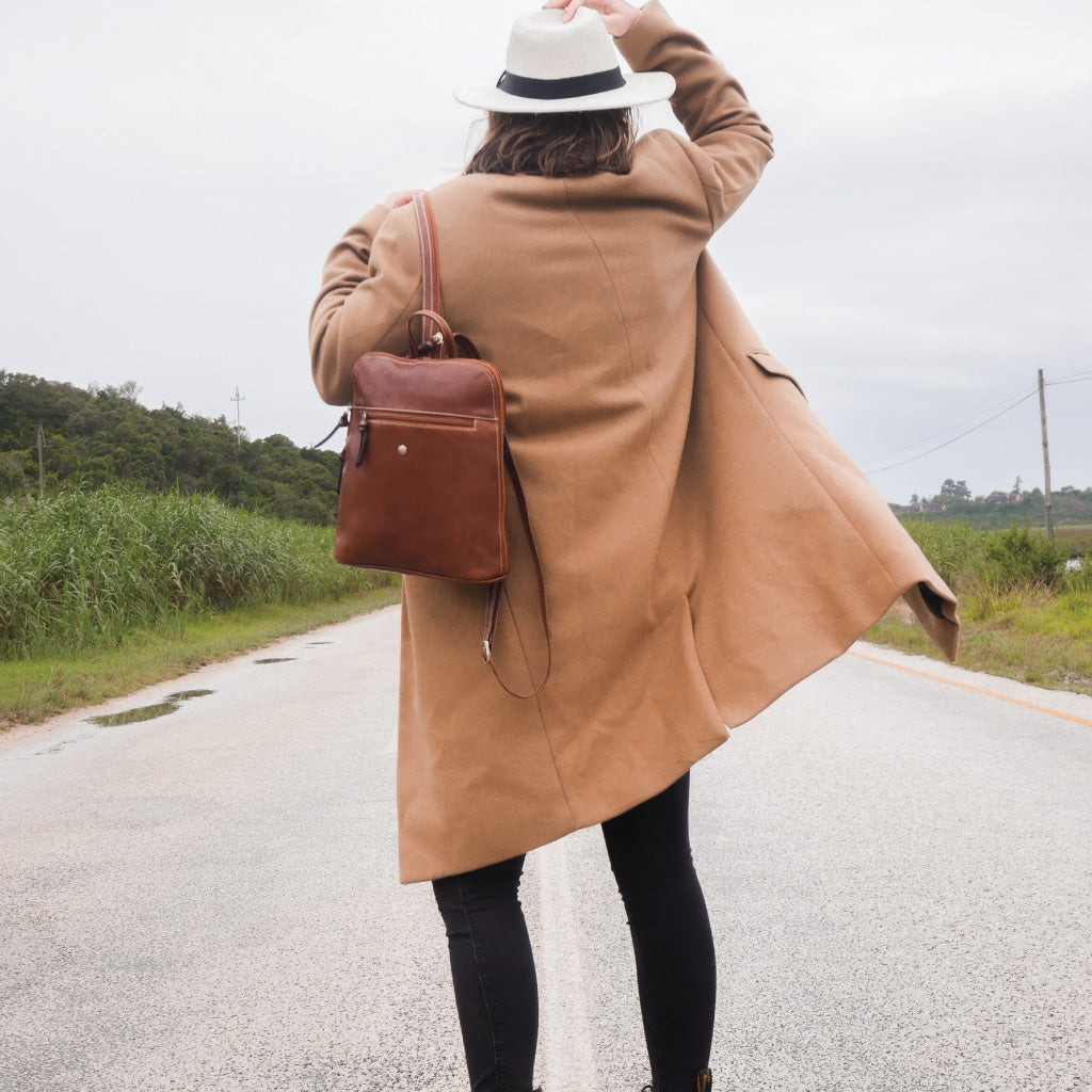 Ladies Modern Backpack in Tobacco color, showcasing its stylish design and compact size, perfect for daily essentials.