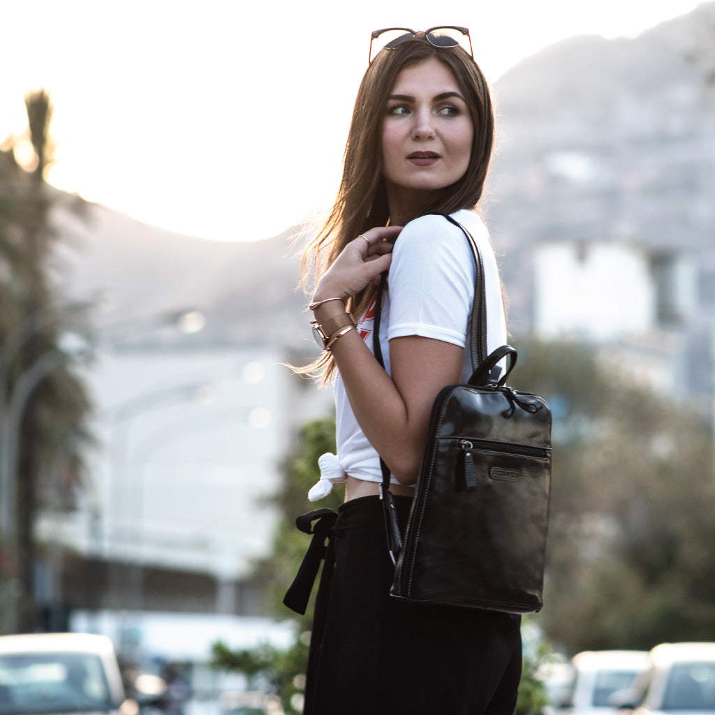 Ladies Modern Backpack in Tobacco color, showcasing its stylish design and compact size, perfect for daily essentials.