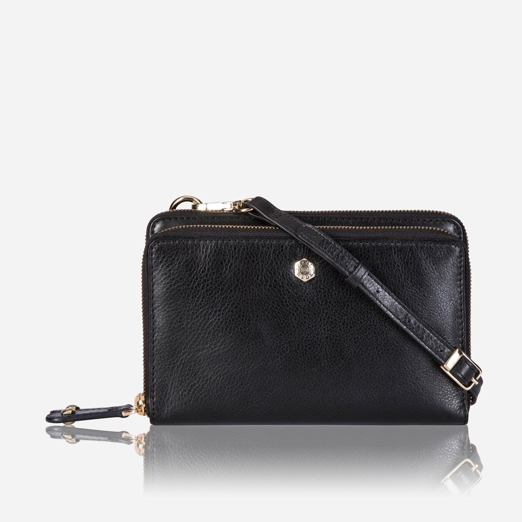 Elegant black ladies purse with a detachable strap, showcasing its stylish design and spacious interior.