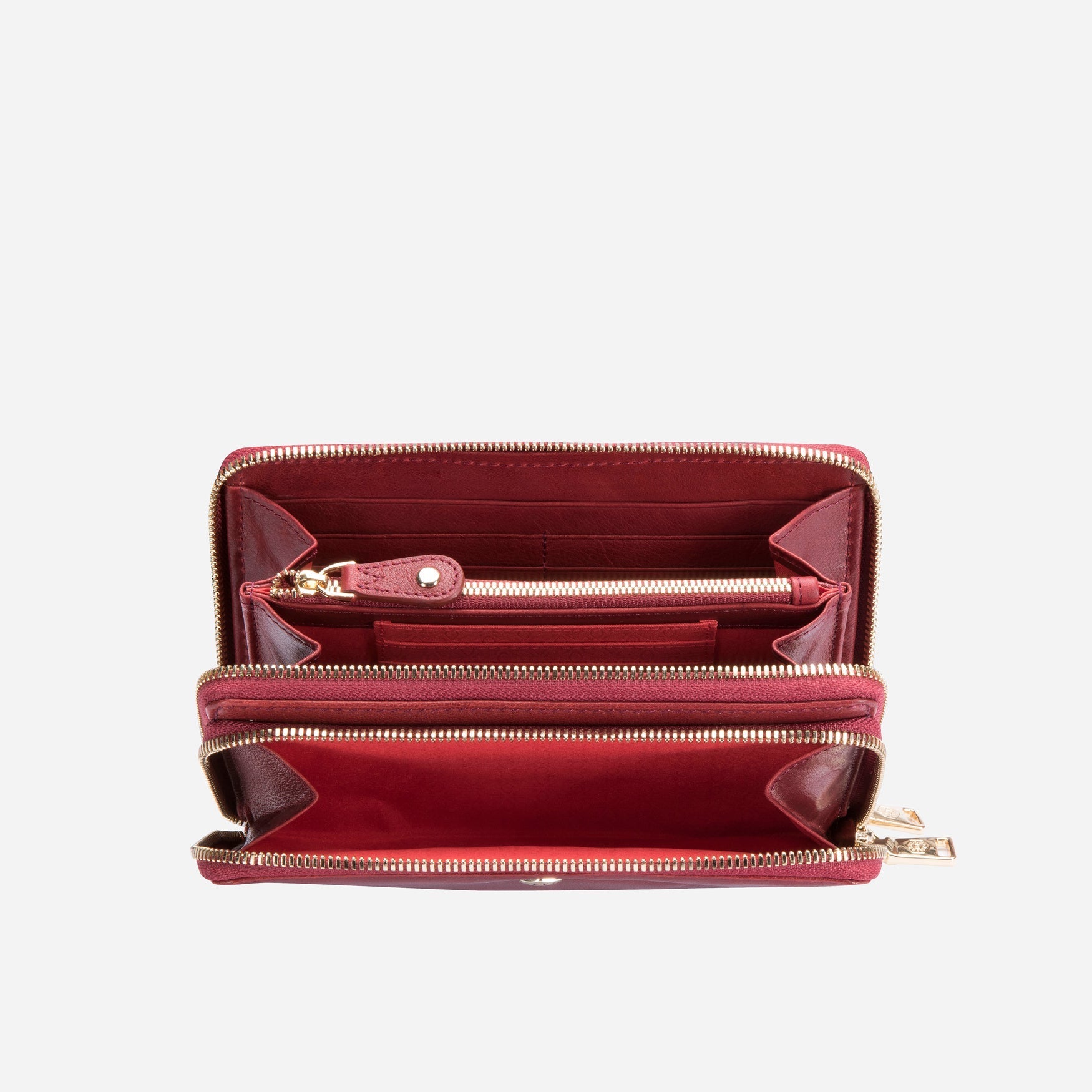 A stylish red ladies purse with a detachable strap, showcasing its chic design and spacious interior.