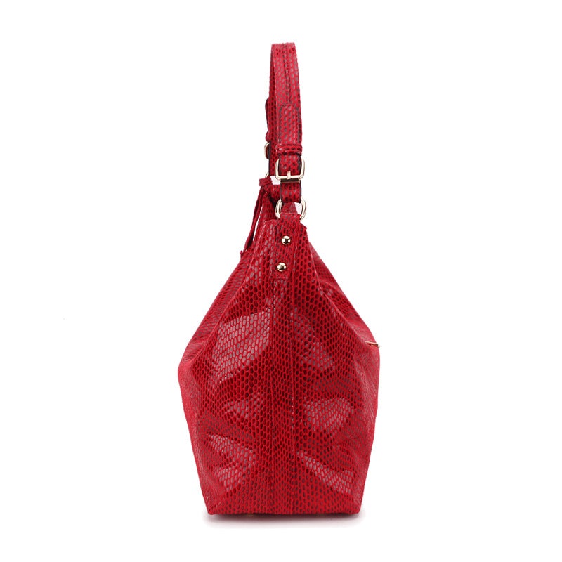 Lady's Casual Solid Color Snake Pattern Shoulder Bag in a stylish bucket shape with a zipper closure, featuring a trendy snake pattern design.