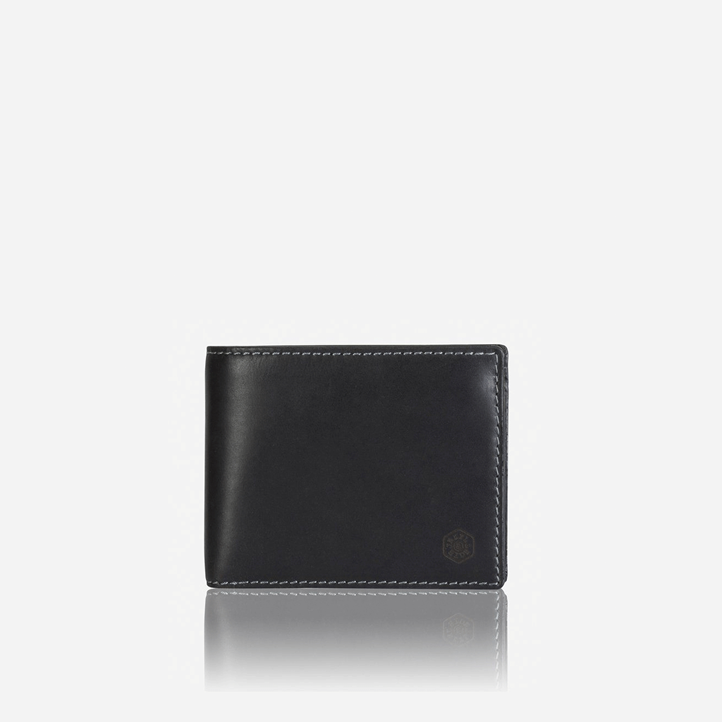 Large black billfold wallet featuring a zipped note compartment, flip ID window, and a secure coin pouch.