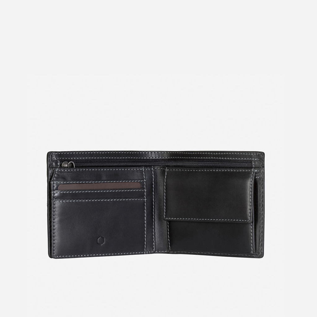 Large black billfold wallet featuring a zipped note compartment, flip ID window, and a secure coin pouch.