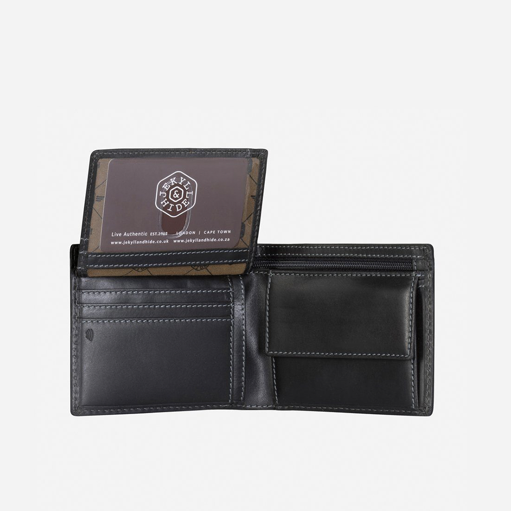 Large black billfold wallet featuring a zipped note compartment, flip ID window, and a secure coin pouch.