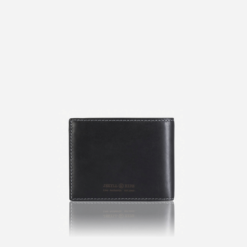 Large black billfold wallet featuring a zipped note compartment, flip ID window, and a secure coin pouch.