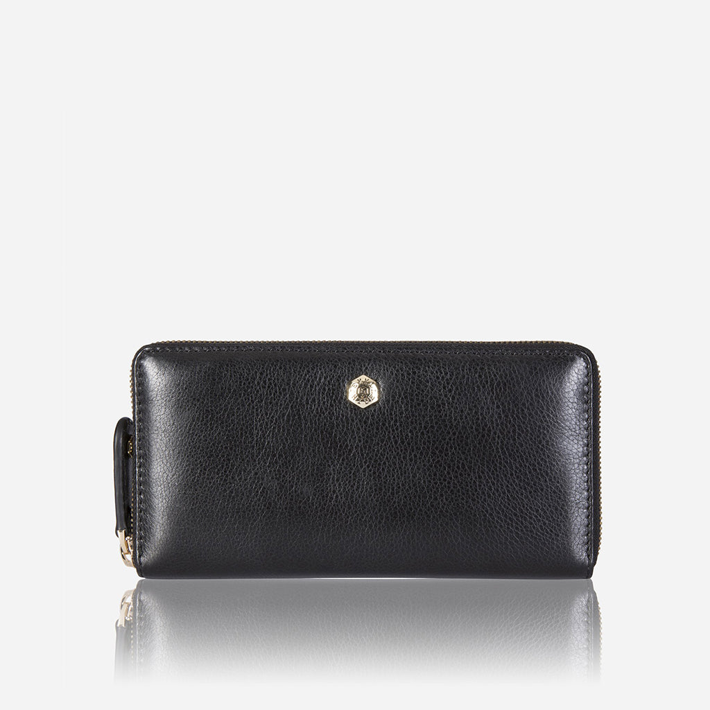 Large Classic Zip Around Purse in Black with elegant design and three concertina compartments.