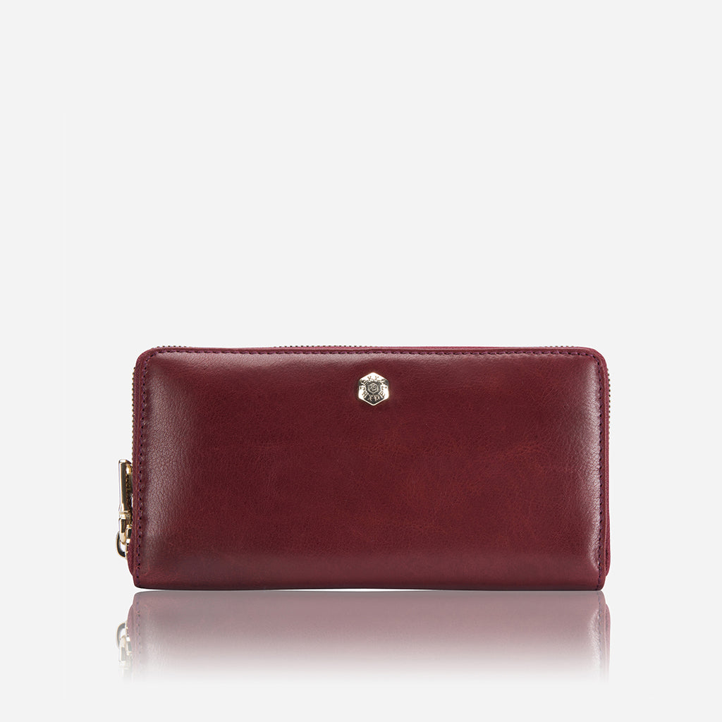 Large Classic Zip Around Purse in vibrant red with three compartments, showcasing its stylish design and functionality.