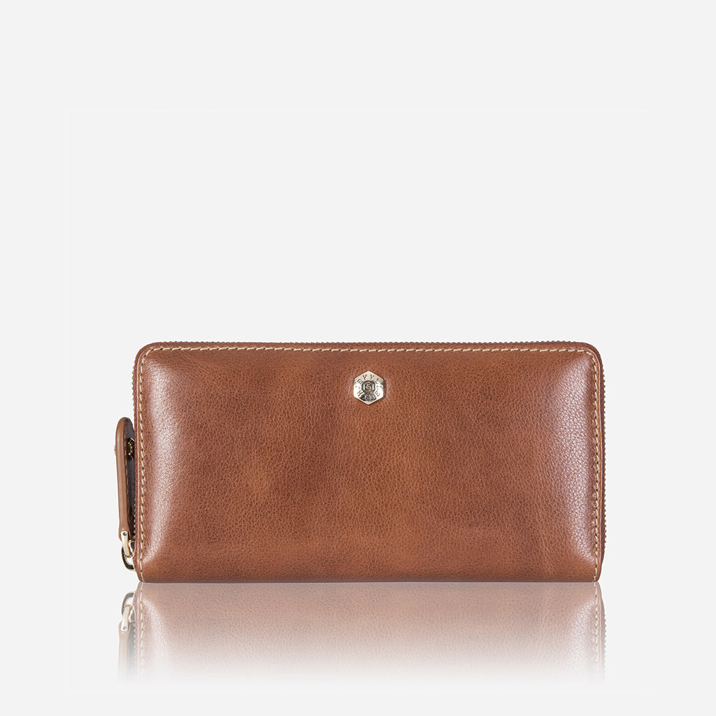 Large Classic Zip Around Purse in Tan with three compartments, showcasing its elegant design and functionality.